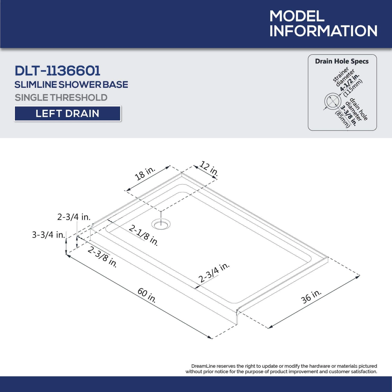 DreamLine Flex 36 Inch D X 60 Inch W X 76-3/4 Inch H Semi-Frameless Shower Door With Center Drain Shower Base And Back Wall - Image 11