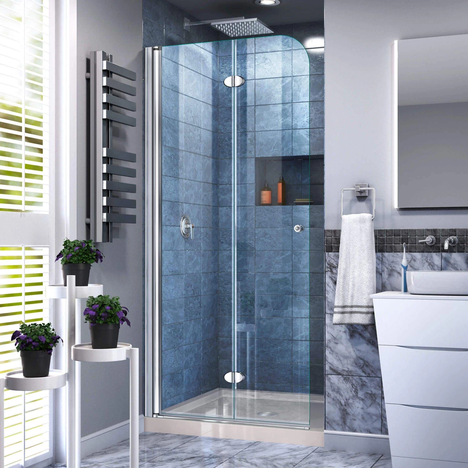 DreamLine Aqua Fold 32 Inch D X 32 Inch W X 74-3/4 Inch H Frameless Bi-Fold Shower Door And SlimLine Shower Base Kit
