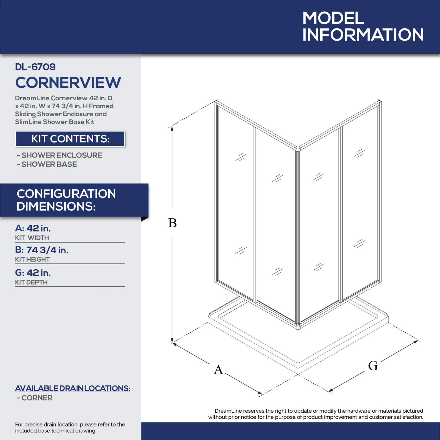 DreamLine Cornerview 42 Inch D X 42 Inch W X 74-3/4 Inch H Framed Sliding Shower Enclosure With Corner Drain Shower Base - Image 19