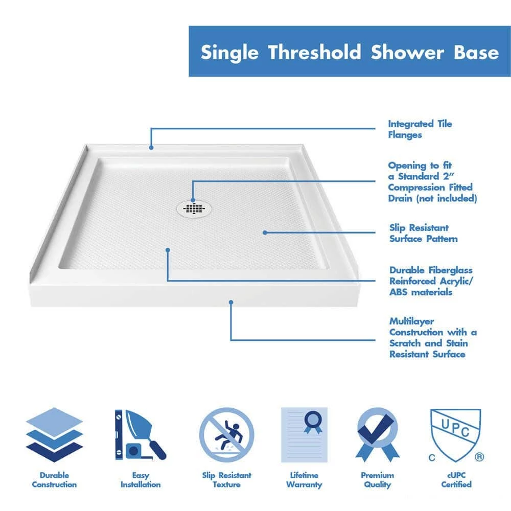 DreamLine Flex 36 Inch D X 36 Inch W X 76-3/4 Inch H Semi-Frameless Shower Door With Center Drain Shower Base And Back Wall - Image 9