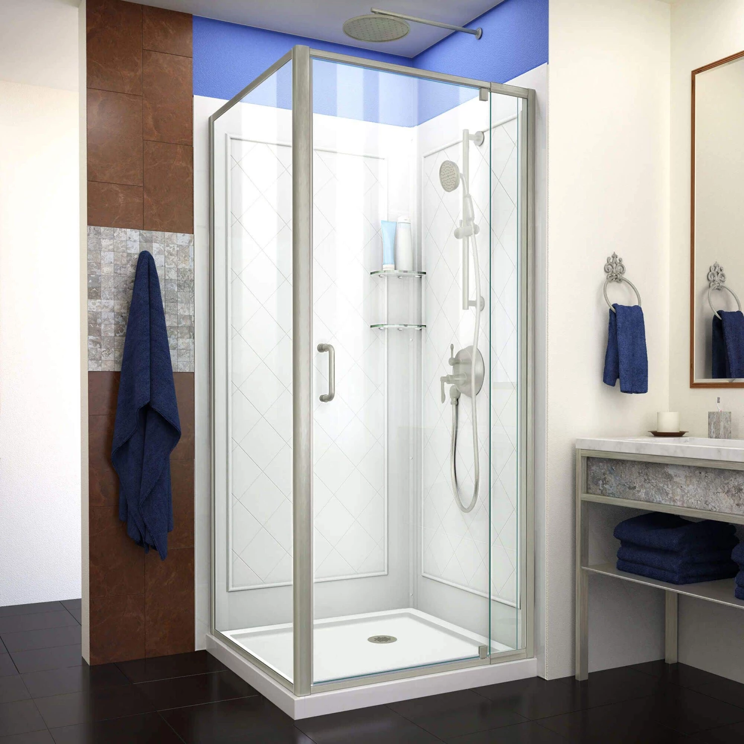 DreamLine Flex 36 Inch D X 36 Inch W X 76-3/4 Inch H Semi-Frameless Shower Enclosure With Corner Drain Shower Base