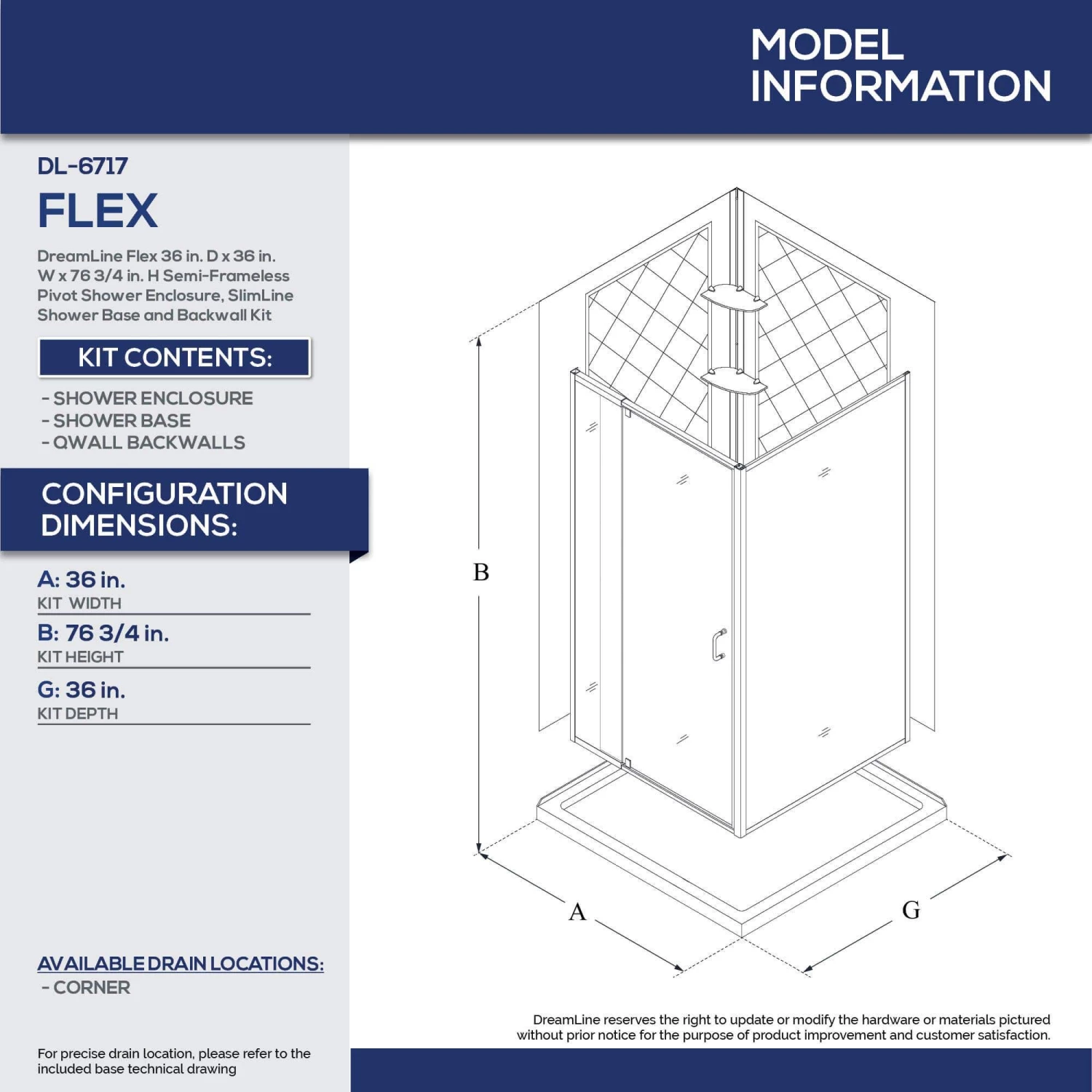 DreamLine Flex 36 Inch D X 36 Inch W X 76-3/4 Inch H Semi-Frameless Shower Enclosure With Corner Drain Shower Base - Image 14
