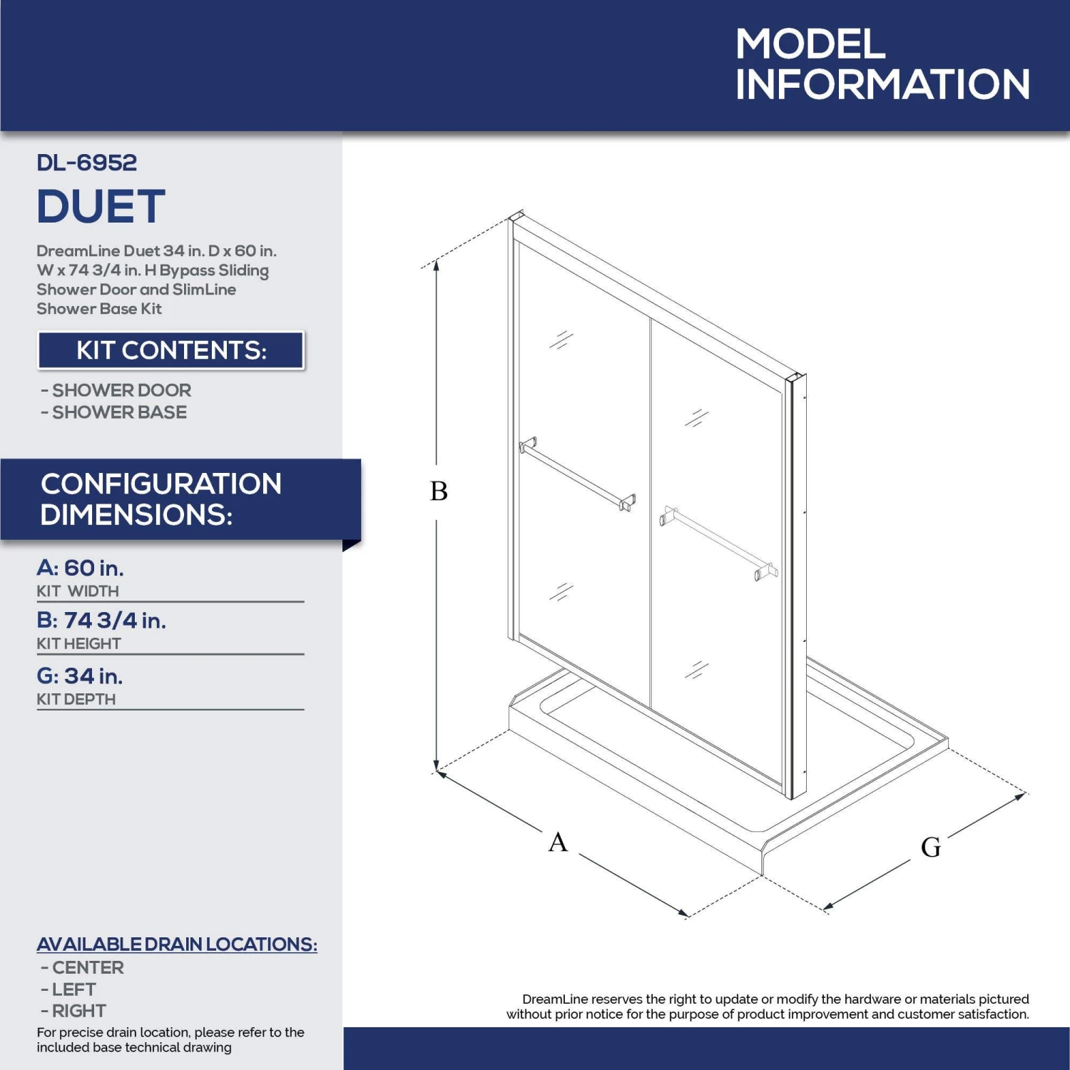 DreamLine Duet 34 Inch D X 60 Inch W X 74-3/4 Inch H Semi-Frameless Bypass Shower Door With Shower Base - Image 9