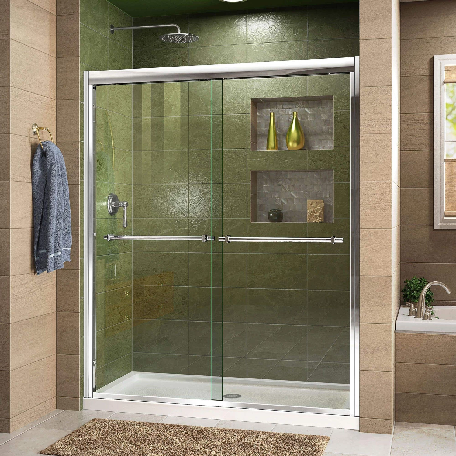 DreamLine Duet 34 Inch D X 60 Inch W X 74-3/4 Inch H Semi-Frameless Bypass Shower Door With Shower Base