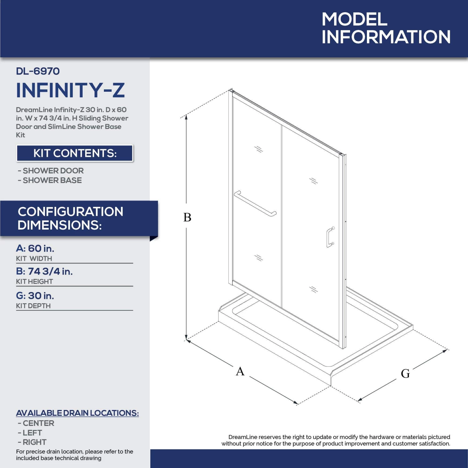 DreamLine Infinity-Z 30 Inch D X 60 Inch W X 74-3/4 Inch H Clear Sliding Shower Door With Center Drain Shower Base - Image 12