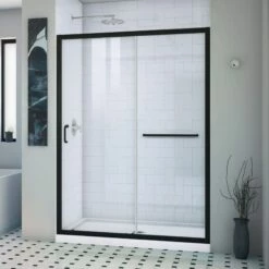 DreamLine Infinity-Z 32 Inch D X 54 Inch W X 74-3/4 Inch H Clear Sliding Shower Door With Center Drain Shower Base
