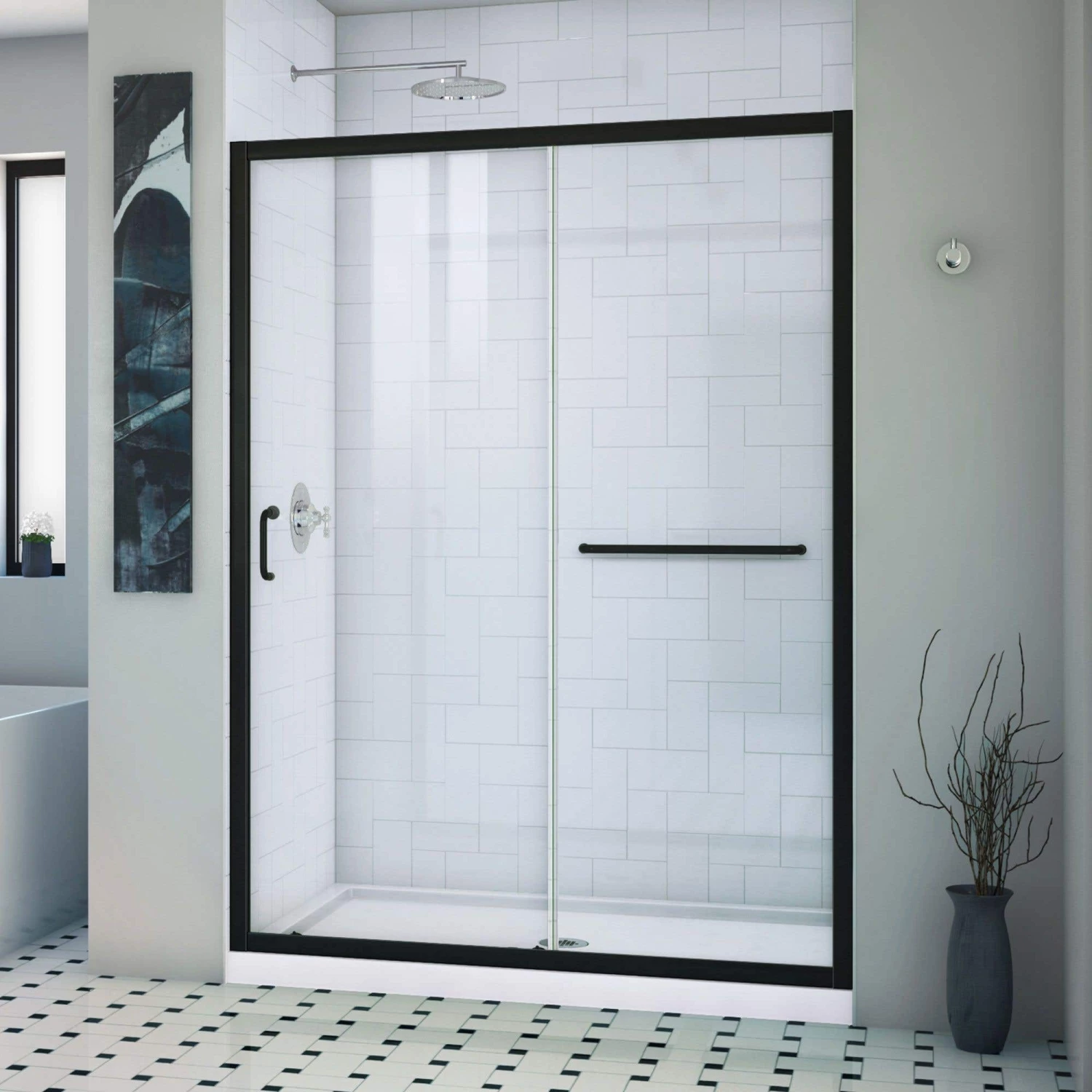 DreamLine Infinity-Z 32 Inch D X 54 Inch W X 74-3/4 Inch H Clear Sliding Shower Door With Center Drain Shower Base