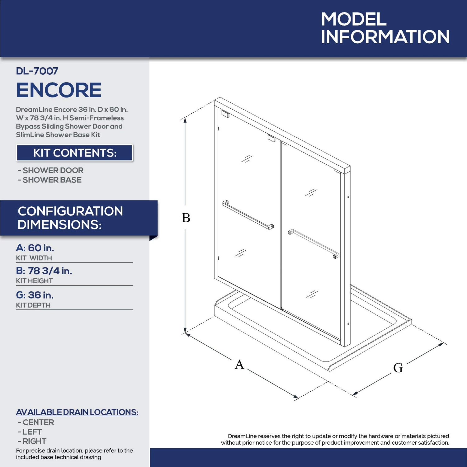 DreamLine Encore 36 Inch D X 60 Inch W X 78-3/4 Inch H Bypass Shower Door With Center Drain Shower Base - Image 16