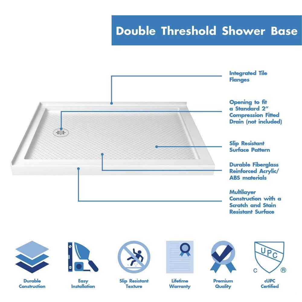 DreamLine SlimLine 34 Inch D X 48 Inch W X 2-3/4 Inch H Left Drain Double Threshold Shower Base - Image 8