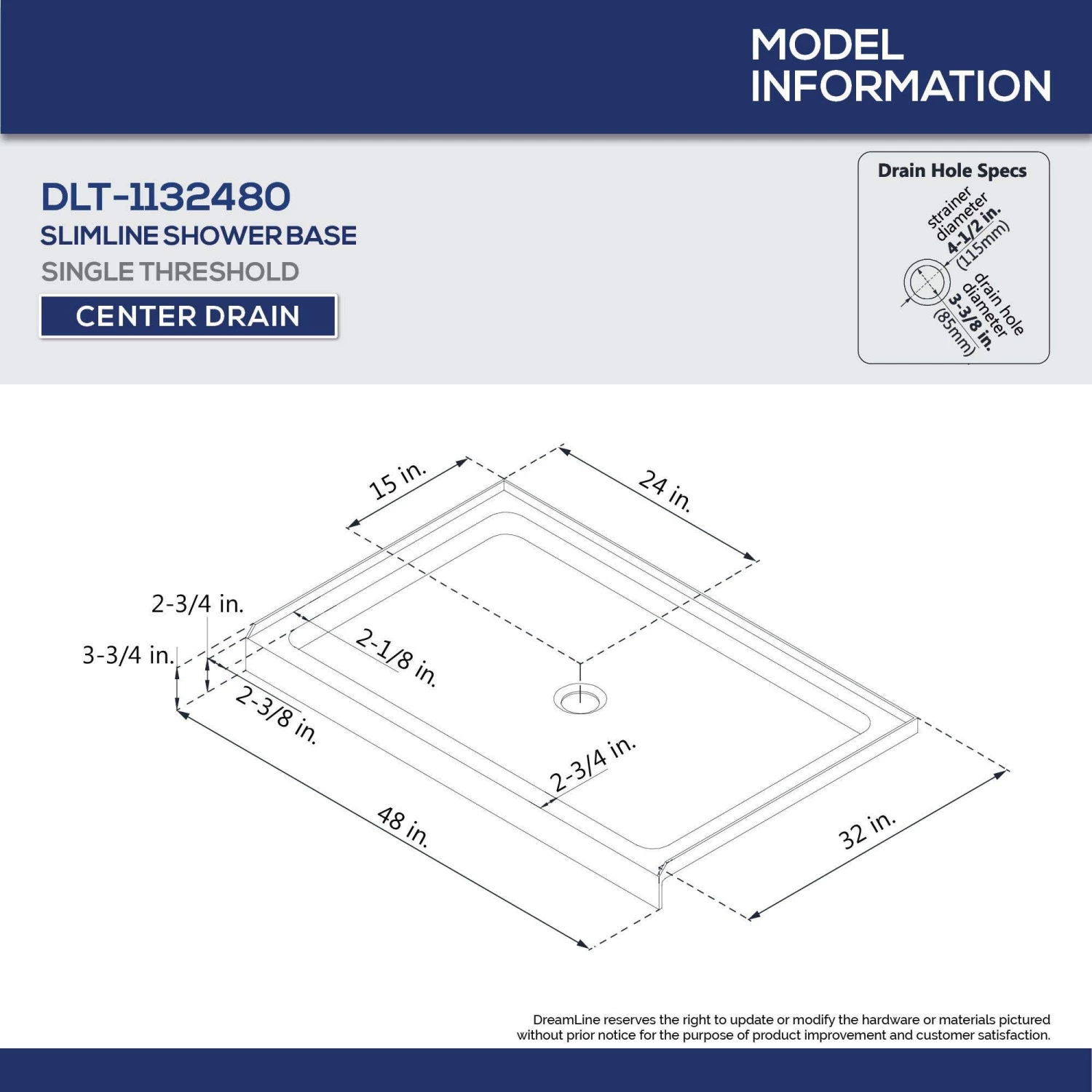 DreamLine Encore 32 Inch D X 48 Inch W X 78-3/4 Inch H Bypass Shower Door With Center Drain Shower Base - Image 6