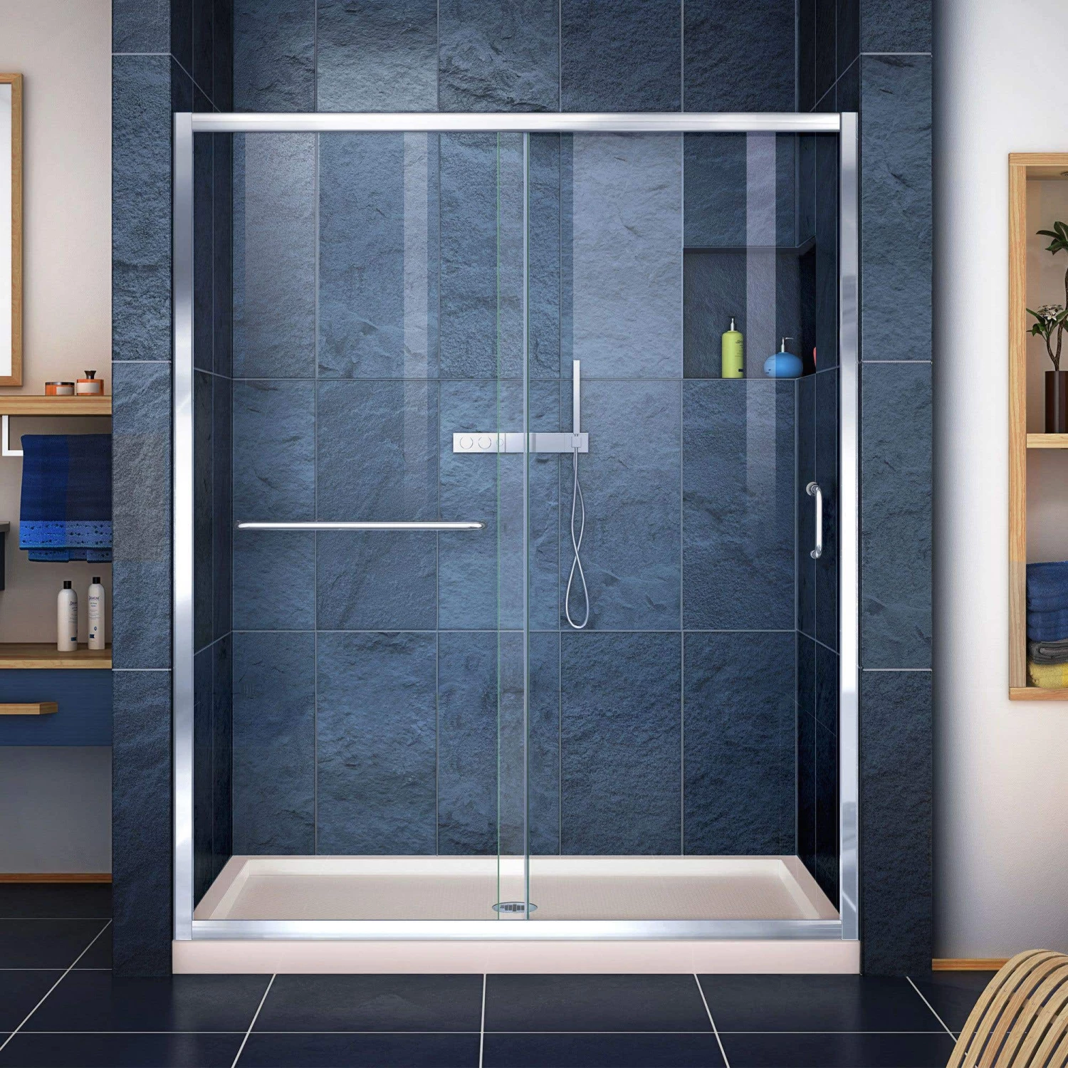DreamLine Infinity-Z 32 Inch D X 54 Inch W X 74-3/4 Inch H Clear Sliding Shower Door With Center Drain Shower Base - Image 7