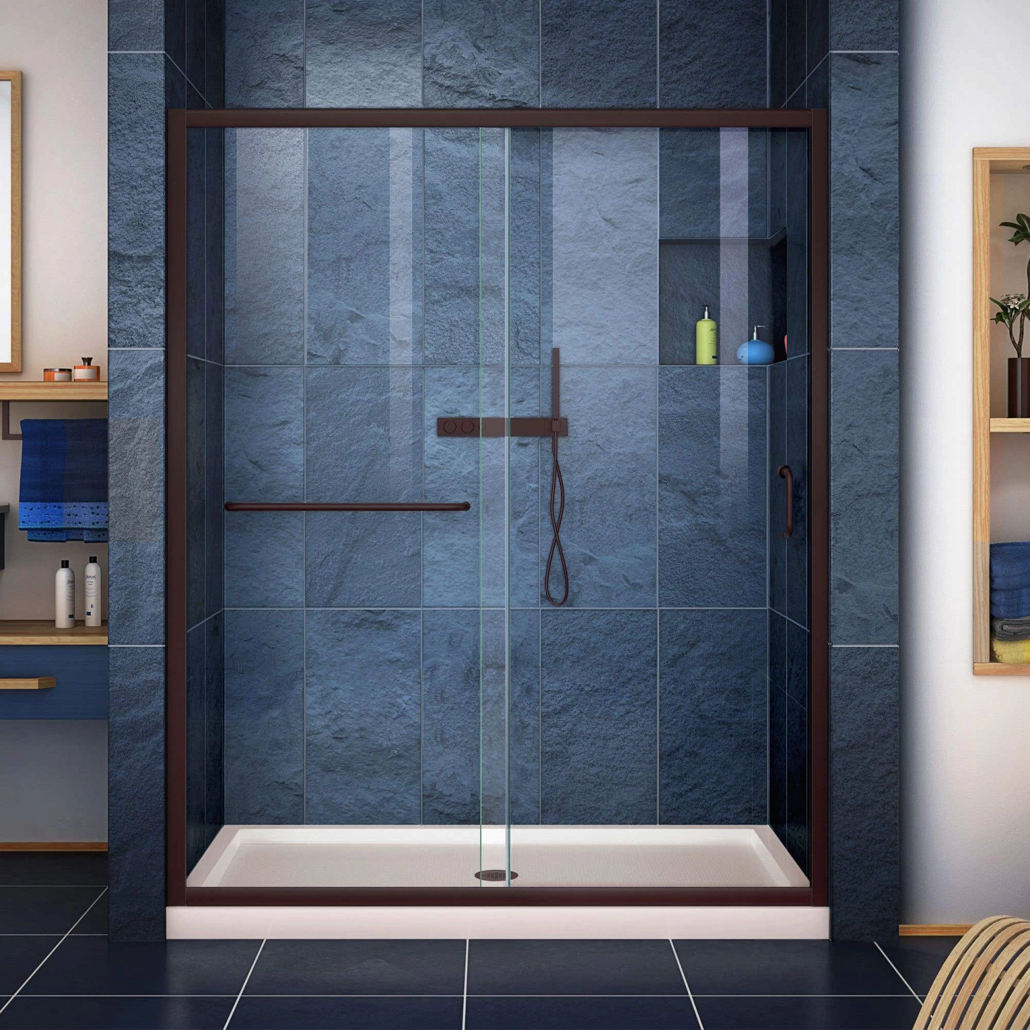 DreamLine Infinity-Z 32 Inch D X 54 Inch W X 74-3/4 Inch H Clear Sliding Shower Door With Center Drain Shower Base - Image 9