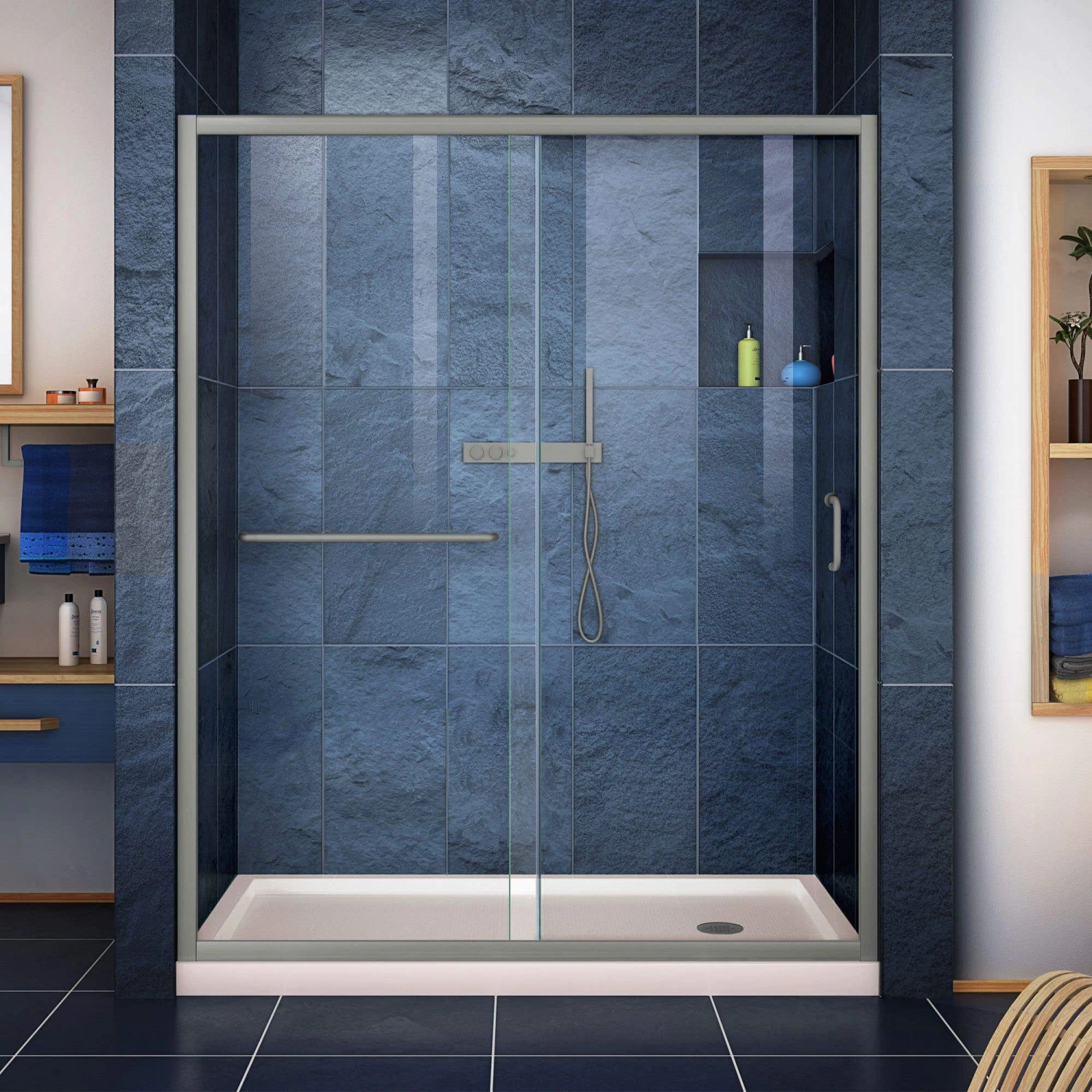 DreamLine Infinity-Z 32 Inch D X 54 Inch W X 74-3/4 Inch H Clear Sliding Shower Door With Center Drain Shower Base - Image 8