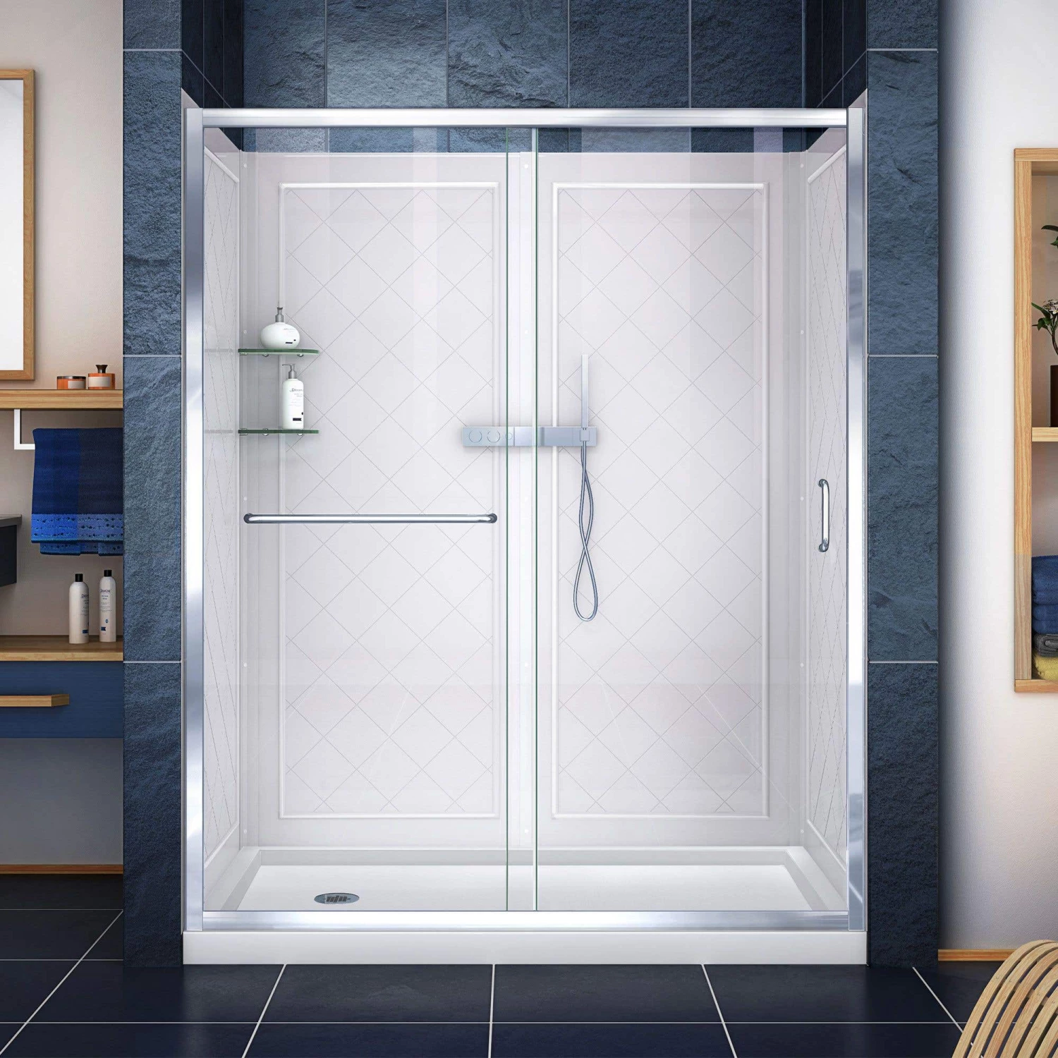 DreamLine Infinity-Z 36 Inch D X 60 Inch W X 76-3/4 Inch H Clear Sliding Shower Door With Left Drain Shower Base And Back Wall