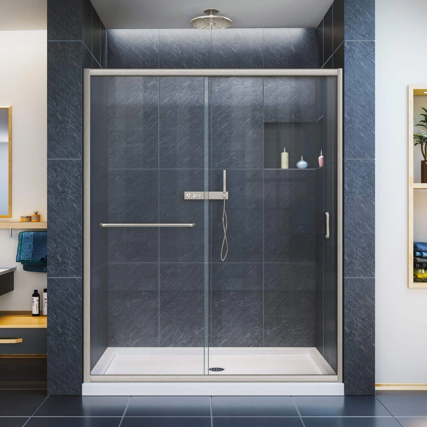 DreamLine Infinity-Z 32 Inch D X 54 Inch W X 74-3/4 Inch H Clear Sliding Shower Door With Center Drain Shower Base - Image 5