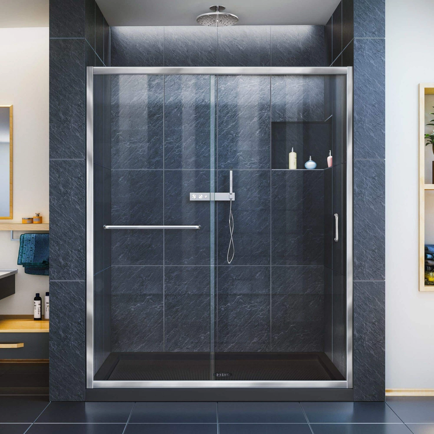 DreamLine Infinity-Z 32 Inch D X 54 Inch W X 74-3/4 Inch H Clear Sliding Shower Door With Center Drain Shower Base - Image 11