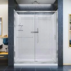 DreamLine Infinity-Z 36 Inch D X 60 Inch W X 76-3/4 Inch H Clear Sliding Shower Door With Center Drain Shower Base And Back Wall