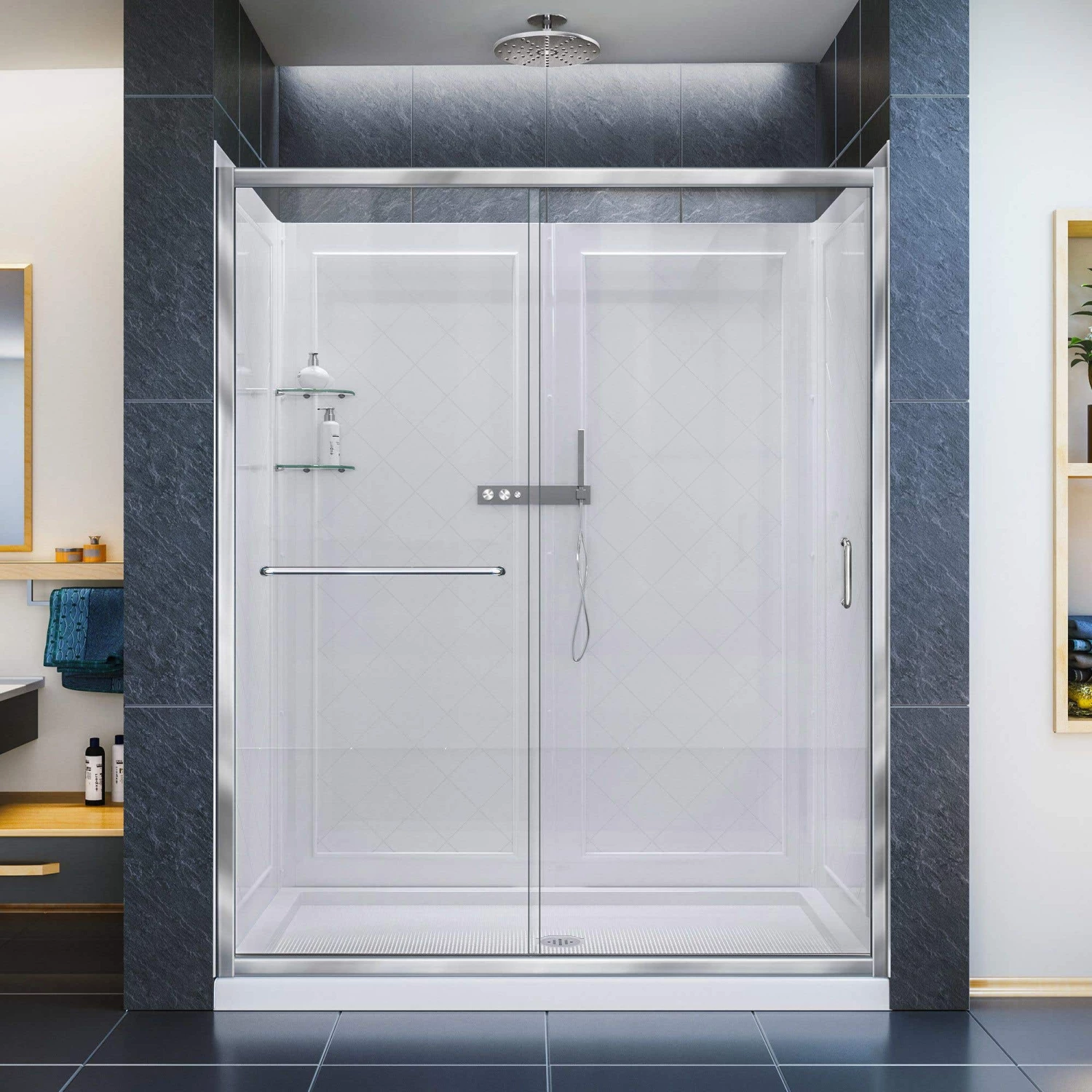DreamLine Infinity-Z 30 Inch D X 60 Inch W X 76-3/4 Inch H Clear Sliding Shower Door With Center Drain Shower Base And Back Wall