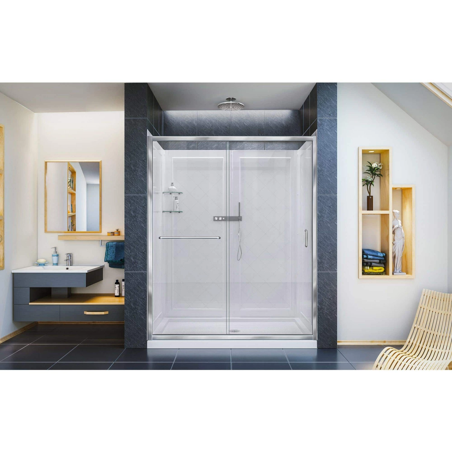 DreamLine Infinity-Z 30 Inch D X 60 Inch W X 76-3/4 Inch H Clear Sliding Shower Door With Center Drain Shower Base And Back Wall - Image 5