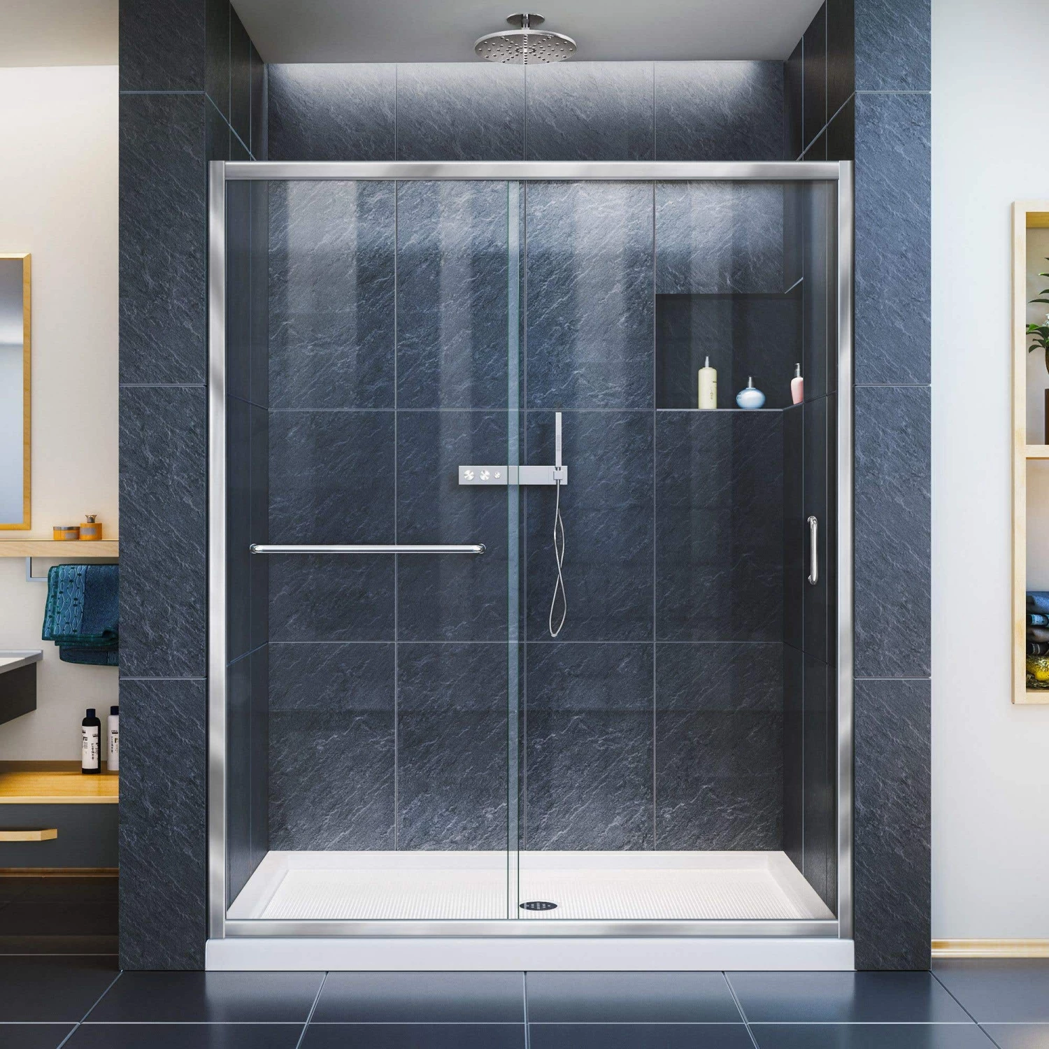 DreamLine Infinity-Z 32 Inch D X 54 Inch W X 74-3/4 Inch H Clear Sliding Shower Door With Center Drain Shower Base - Image 4