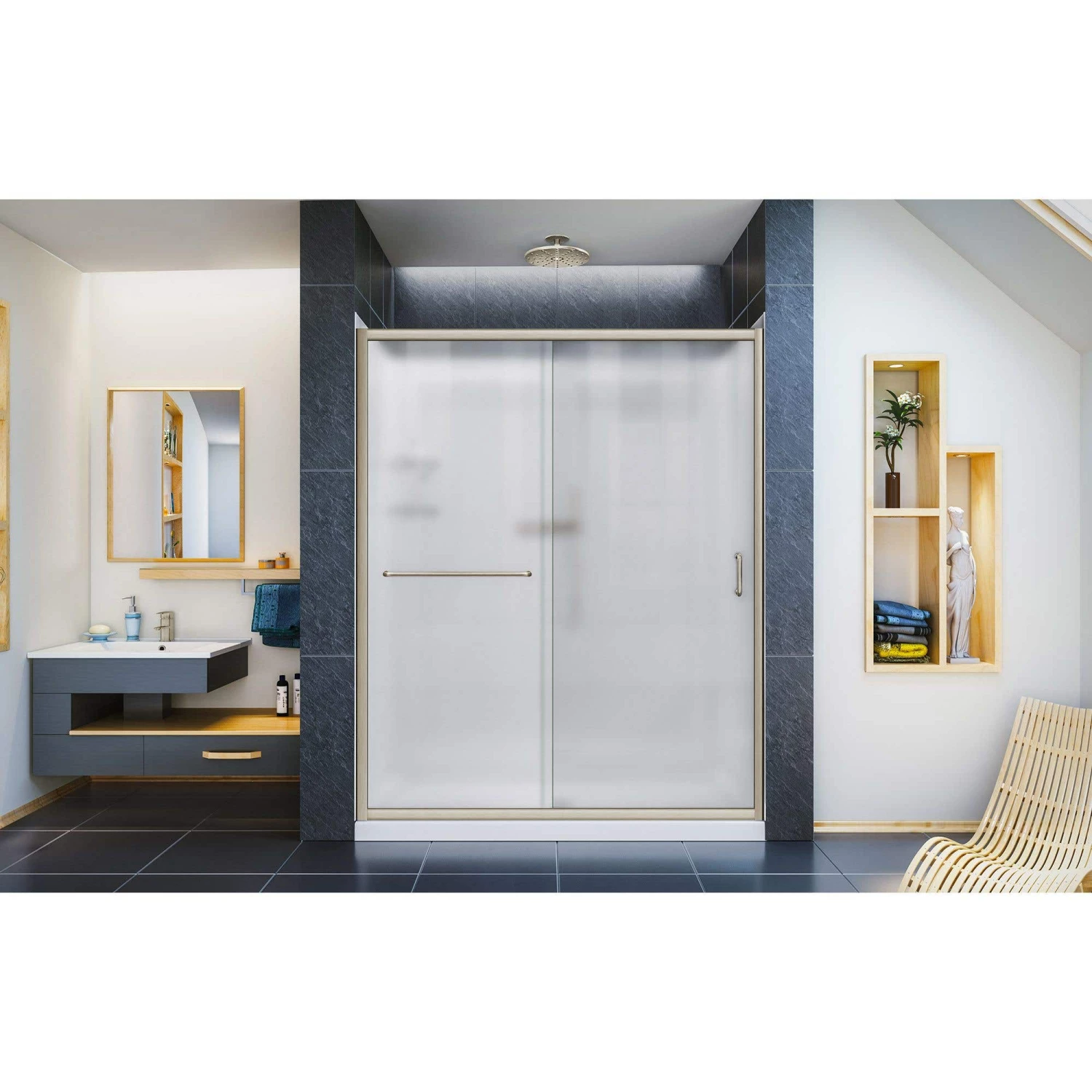 DreamLine Infinity-Z 36 Inch D X 60 Inch W X 76-3/4 Inch H Frosted Sliding Shower Door With Center Drain Shower Base And Back Wall - Image 7