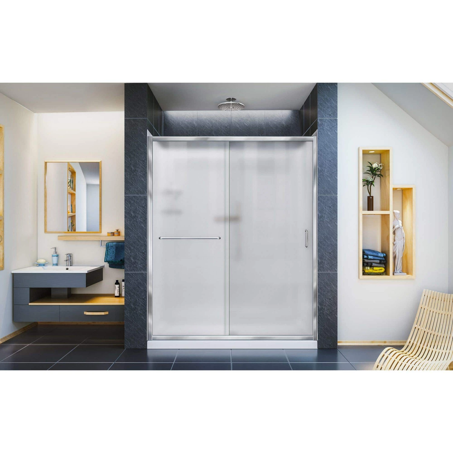 DreamLine Infinity-Z 34 Inch D X 60 Inch W X 76-3/4 Inch H Frosted Sliding Shower Door With Center Drain Shower Base And Back Wall - Image 5