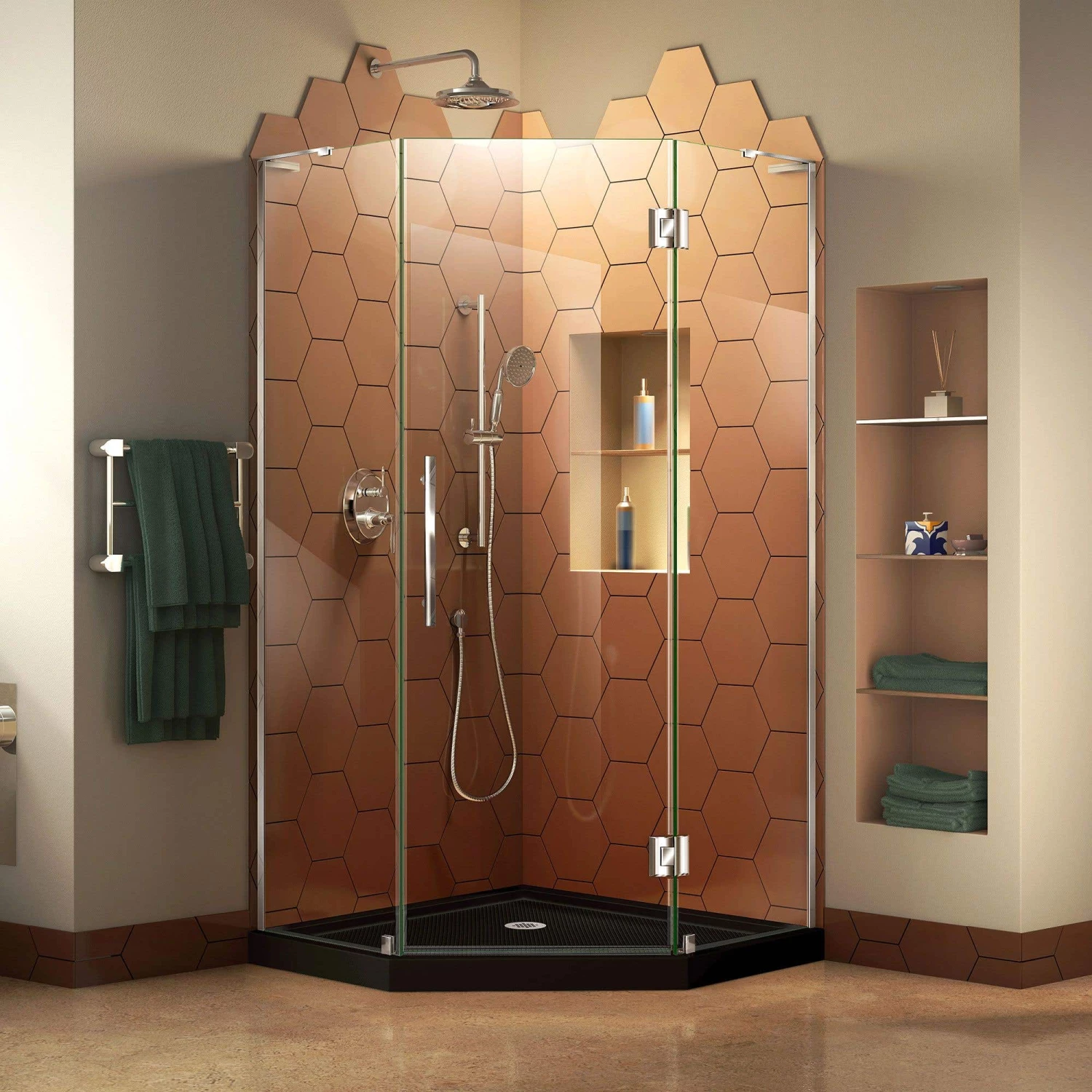 DreamLine Prism Plus 40 Inch X 74-3/4 Inch Frameless Neo-Angle Shower Enclosure With Corner Drain Shower Base - Image 8