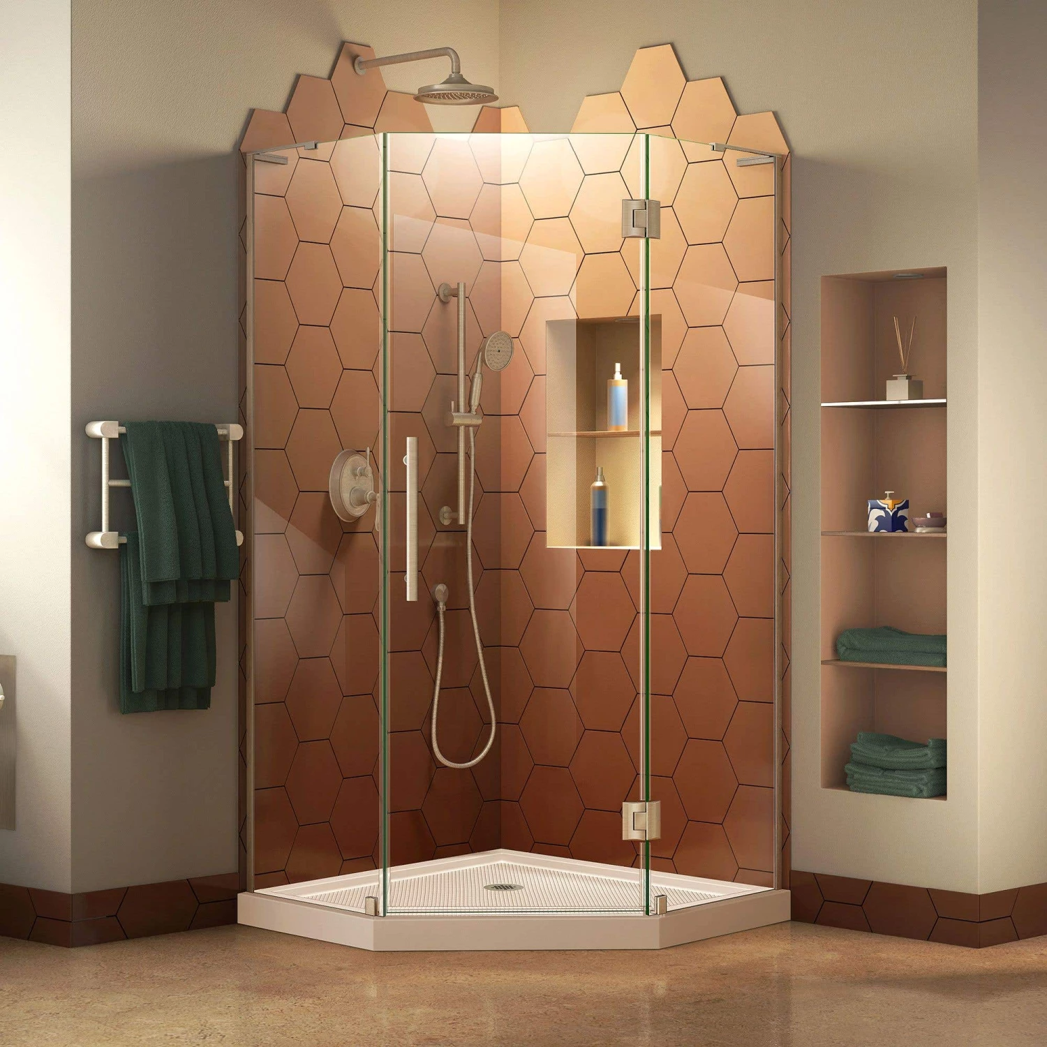 DreamLine Prism Plus 36 Inch X 74-3/4 Inch Frameless Neo-Angle Shower Enclosure With Corner Drain Shower Base - Image 6