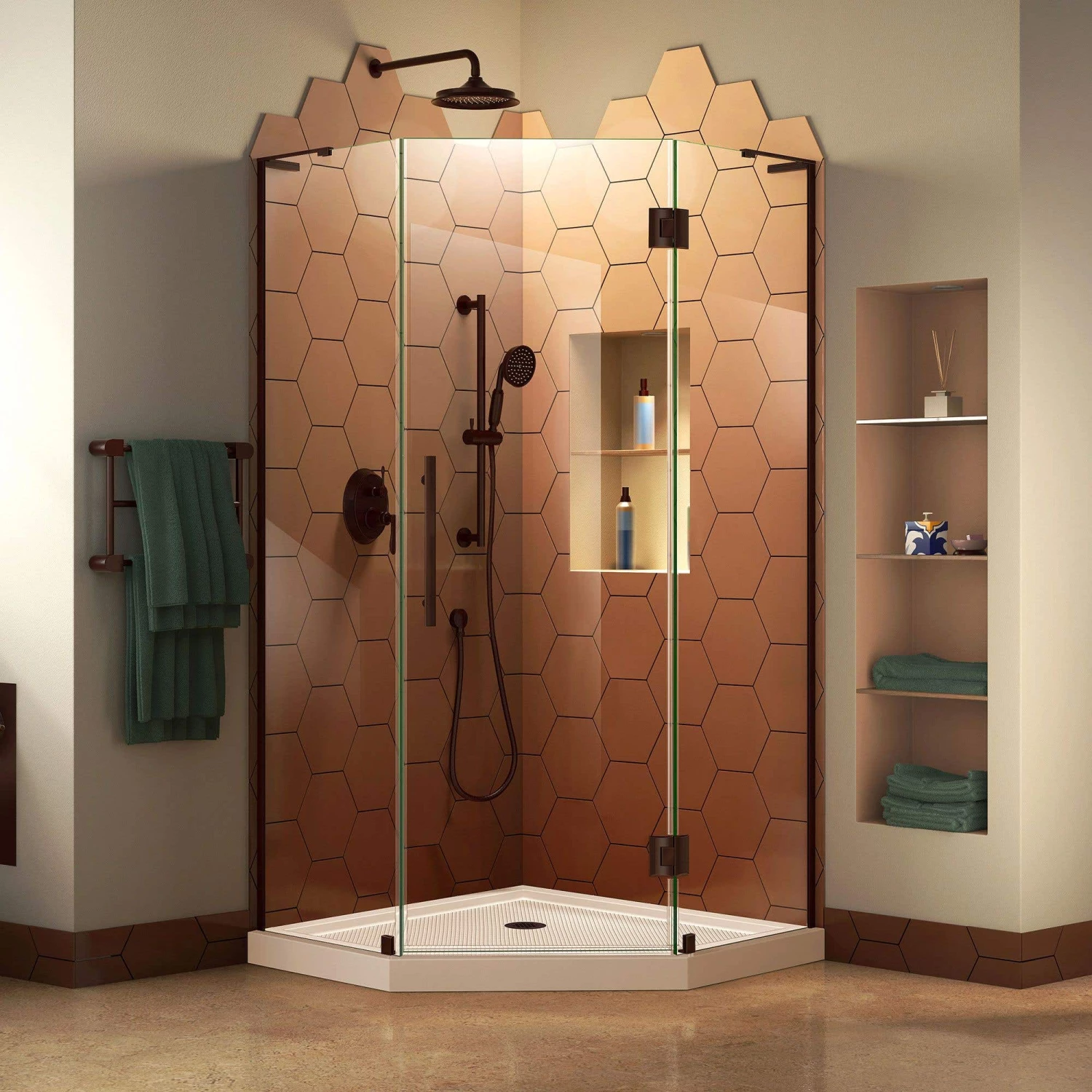 DreamLine Prism Plus 36 Inch X 74-3/4 Inch Frameless Neo-Angle Shower Enclosure With Corner Drain Shower Base - Image 7