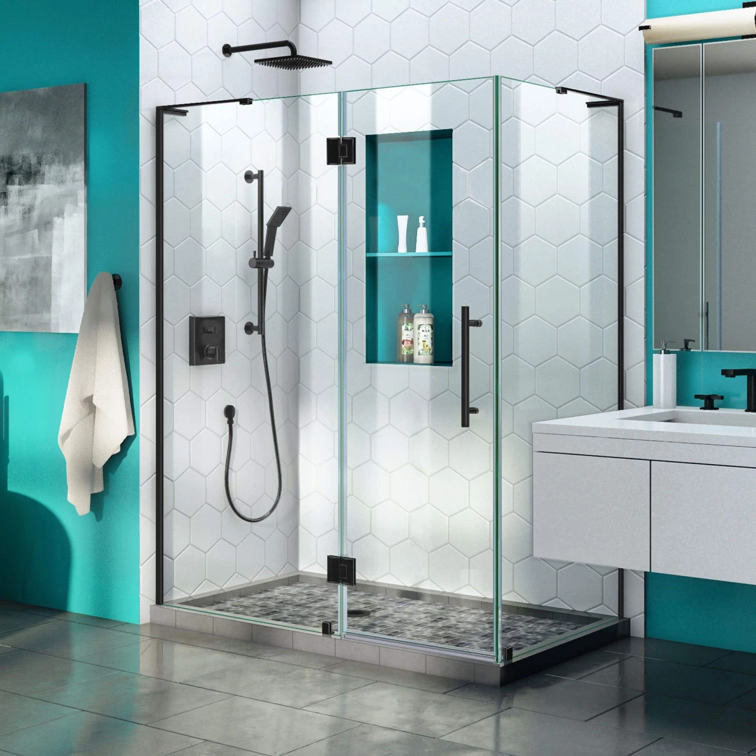 DreamLine Quatra Plus 34 Inch D X 46 Inch W X 72 Inch H Frameless Hinged Shower Enclosure - Image 5