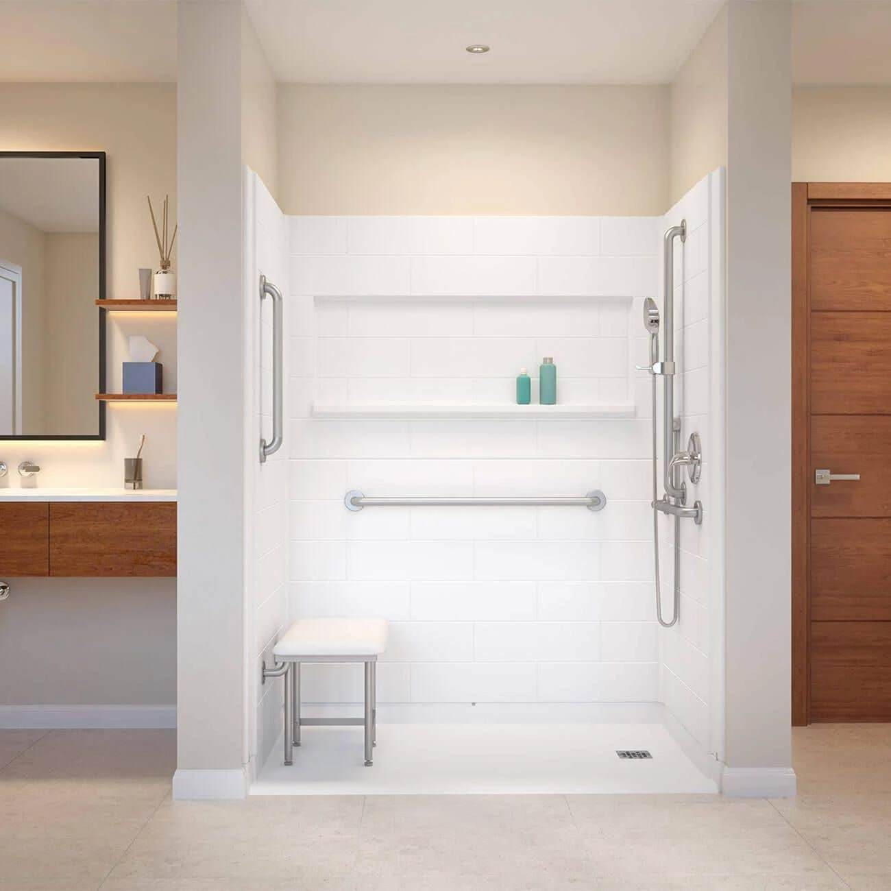 White Vida 60 X 36 Accessible Bathroom Shower Kit With Right Drain