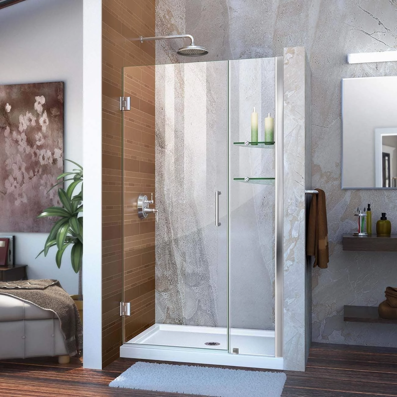 DreamLine Unidoor 39-40 Inch W X 72 Inch H Frameless Hinged Shower Door With Shelves - Image 3