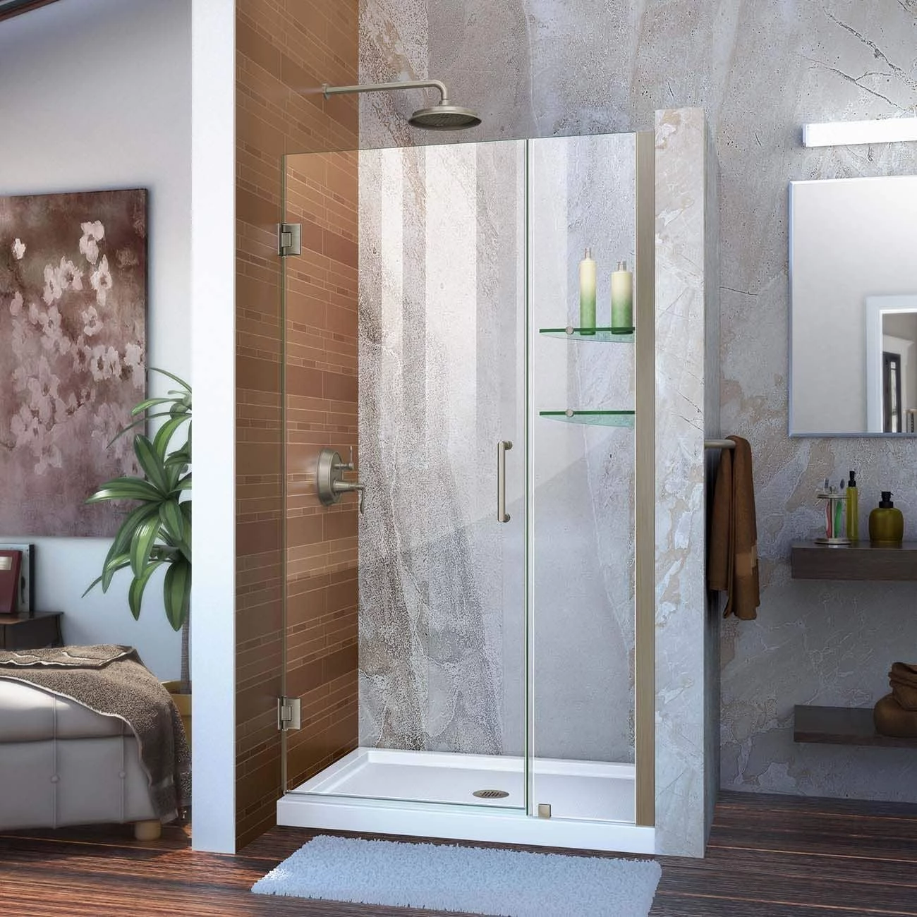 DreamLine Unidoor 41-42 Inch W X 72 Inch H Frameless Hinged Shower Door With Shelves - Image 3