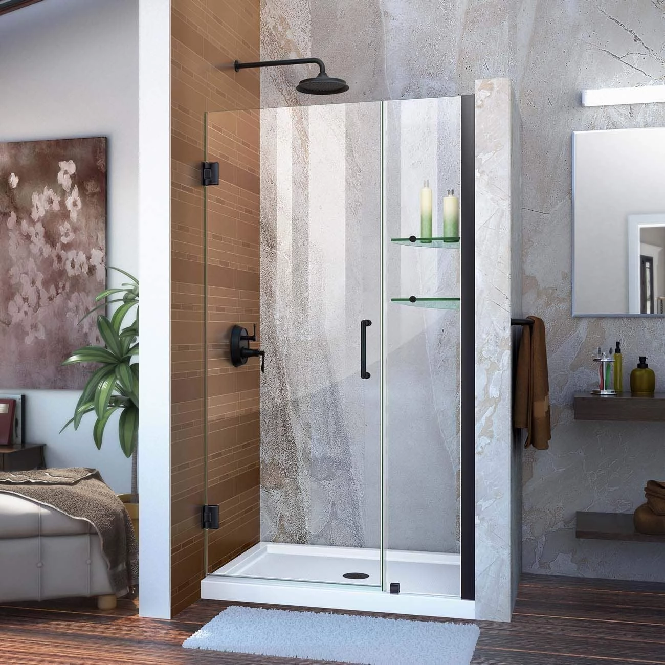 DreamLine Unidoor 41-42 Inch W X 72 Inch H Frameless Hinged Shower Door With Shelves