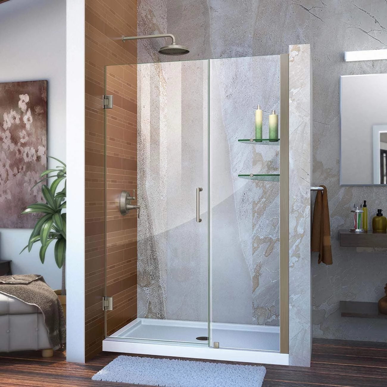 DreamLine Unidoor 44-45 Inch W X 72 Inch H Frameless Hinged Shower Door With Shelves - Image 4
