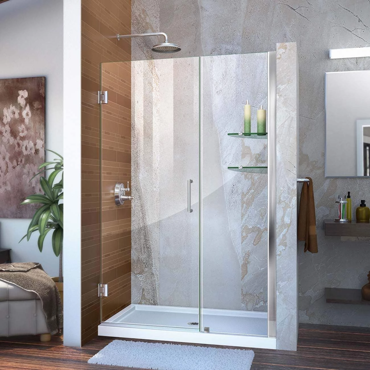 DreamLine Unidoor 47-48 Inch W X 72 Inch H Frameless Hinged Shower Door With Shelves - Image 3