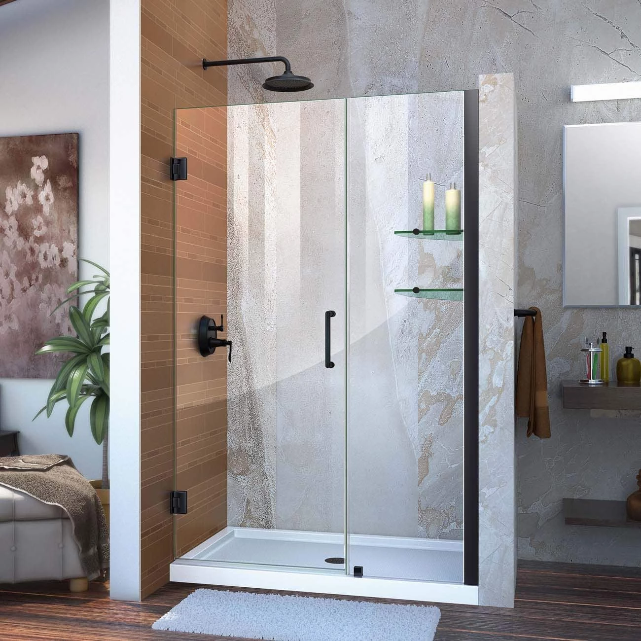 DreamLine Unidoor 47-48 Inch W X 72 Inch H Frameless Hinged Shower Door With Shelves