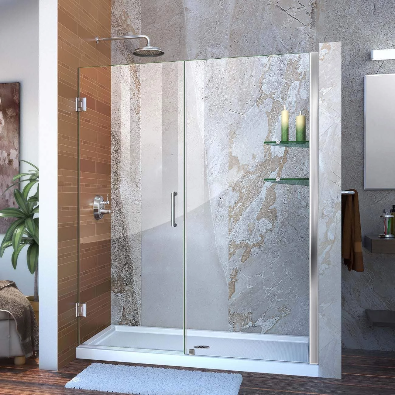 DreamLine Unidoor 58-59 Inch W X 72 Inch H Frameless Hinged Shower Door With Shelves - Image 3