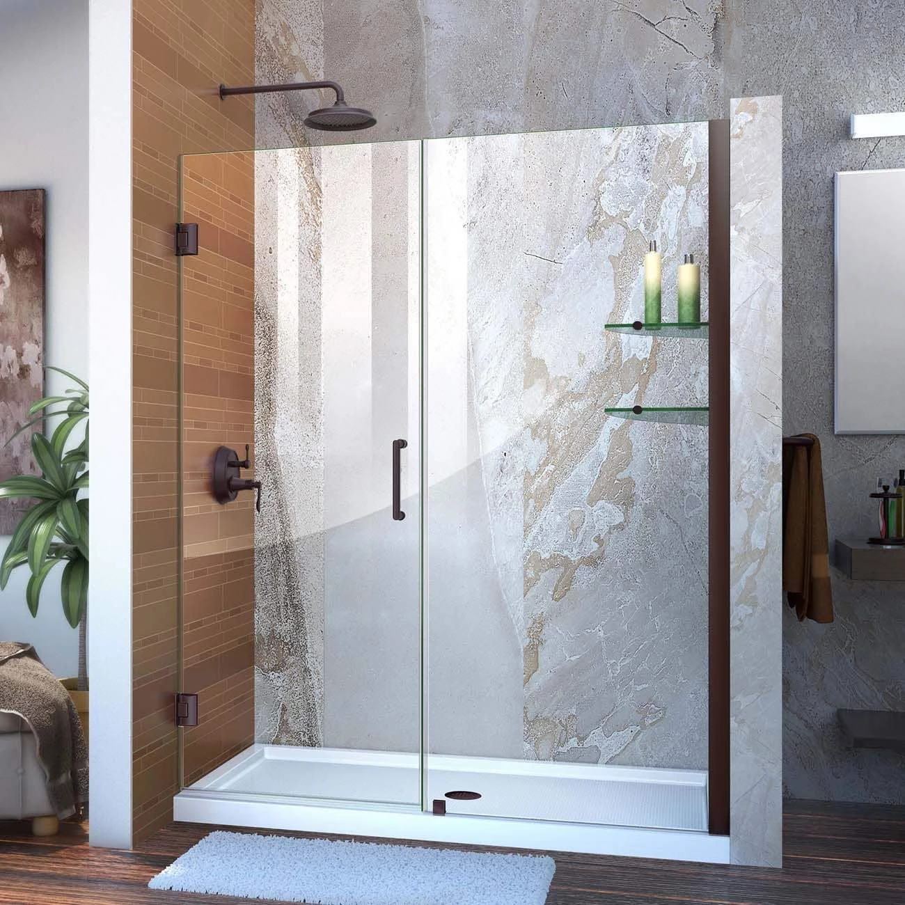 DreamLine Unidoor 59-60 Inch W X 72 Inch H Frameless Hinged Shower Door With Shelves - Image 4