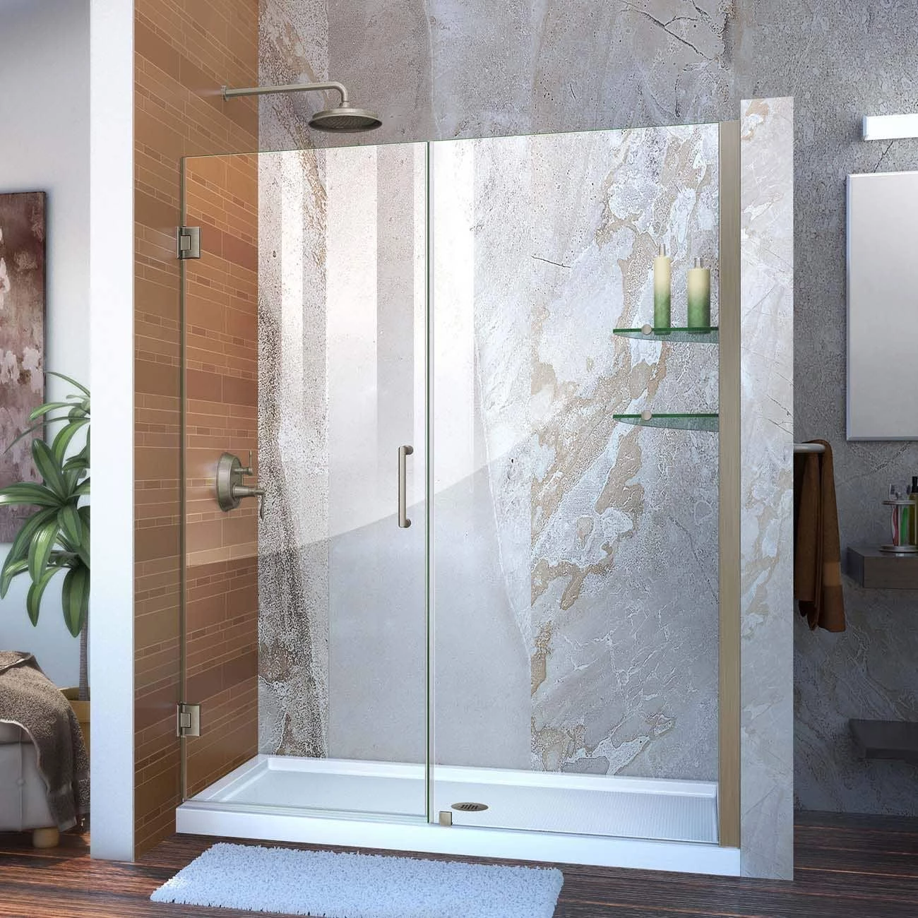 DreamLine Unidoor 59-60 Inch W X 72 Inch H Frameless Hinged Shower Door With Shelves