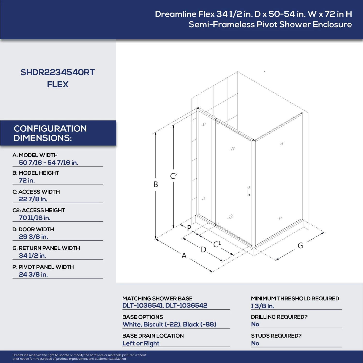DreamLine Flex 34-1/2 Inch D X 50-54 Inch W X 72 Inch H Semi-Frameless Pivot Shower Enclosure - Image 7