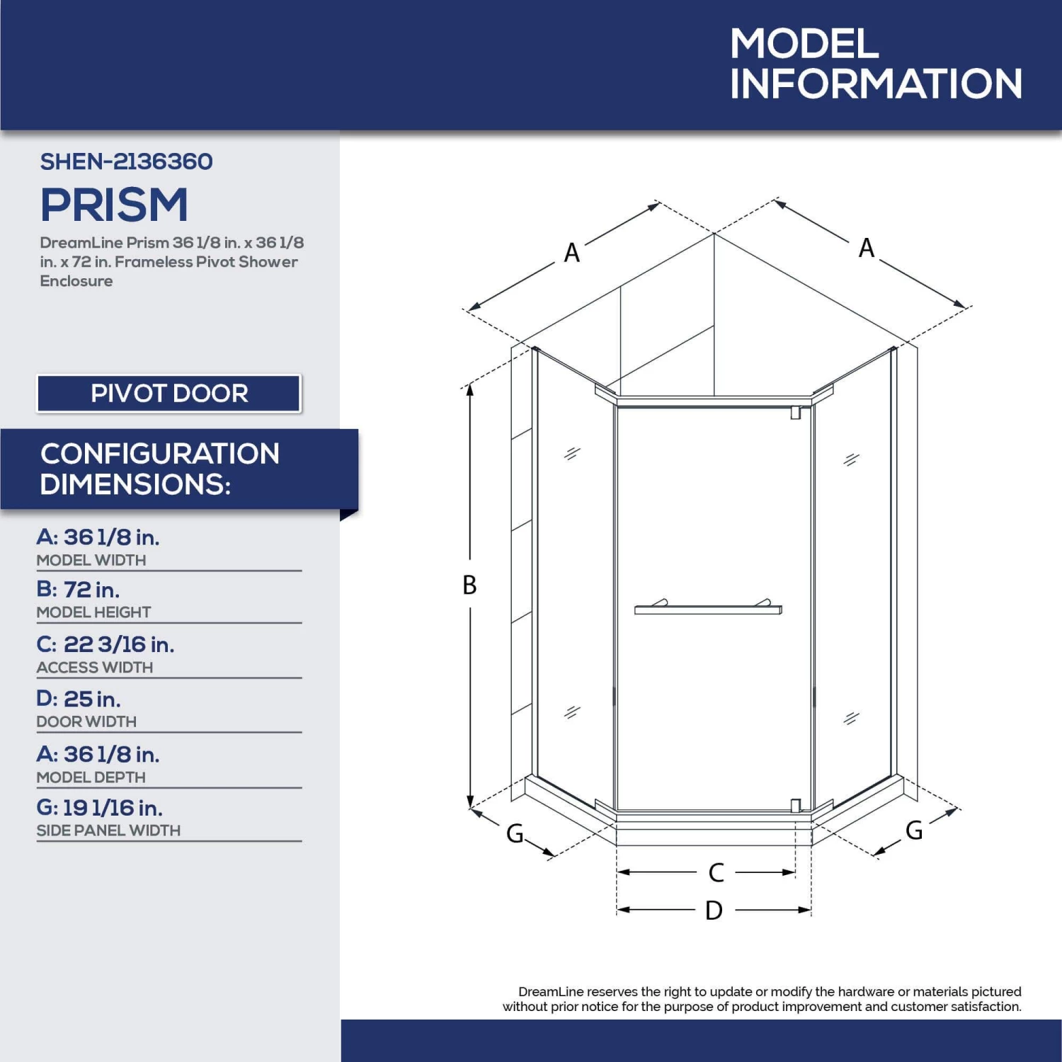 DreamLine Prism 36-1/8 Inch X 72 Inch Frameless Neo-Angle Pivot Shower Enclosure - Image 10
