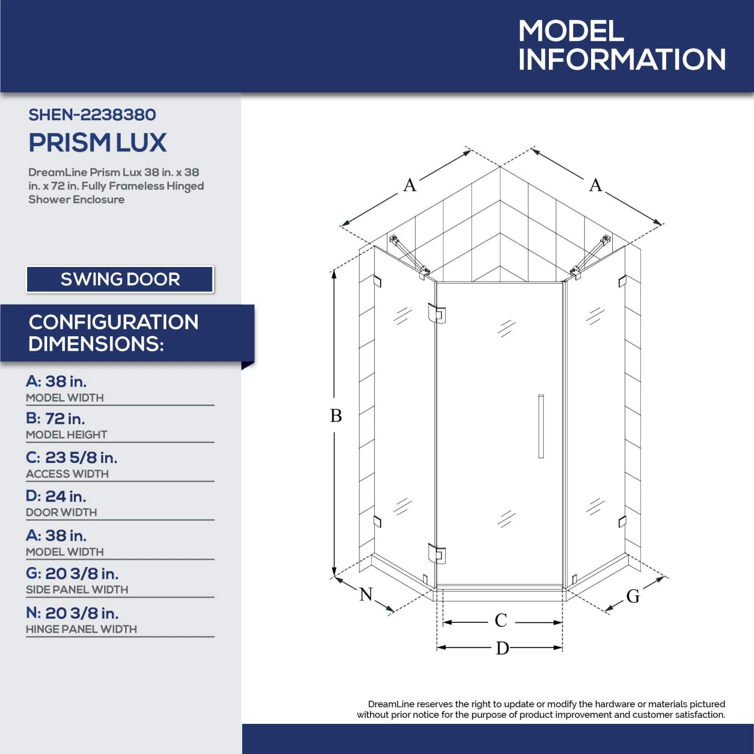 DreamLine Prism Lux 38 Inch X 72 Inch Fully Frameless Neo-Angle Hinged Shower Enclosure - Image 7