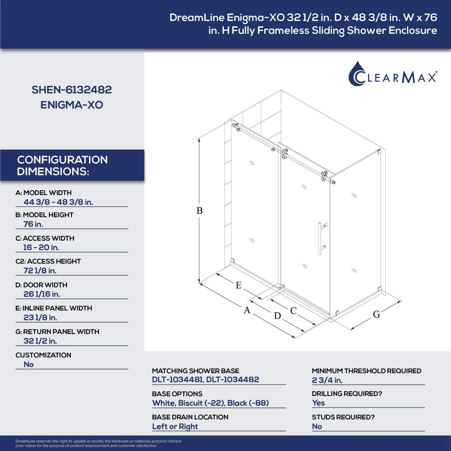 DreamLine Enigma-XO 32-1/2 Inch D X 44-3/8 - 48-3/8 Inch W X 76 Inch H Frameless Sliding Shower Enclosure - Image 7