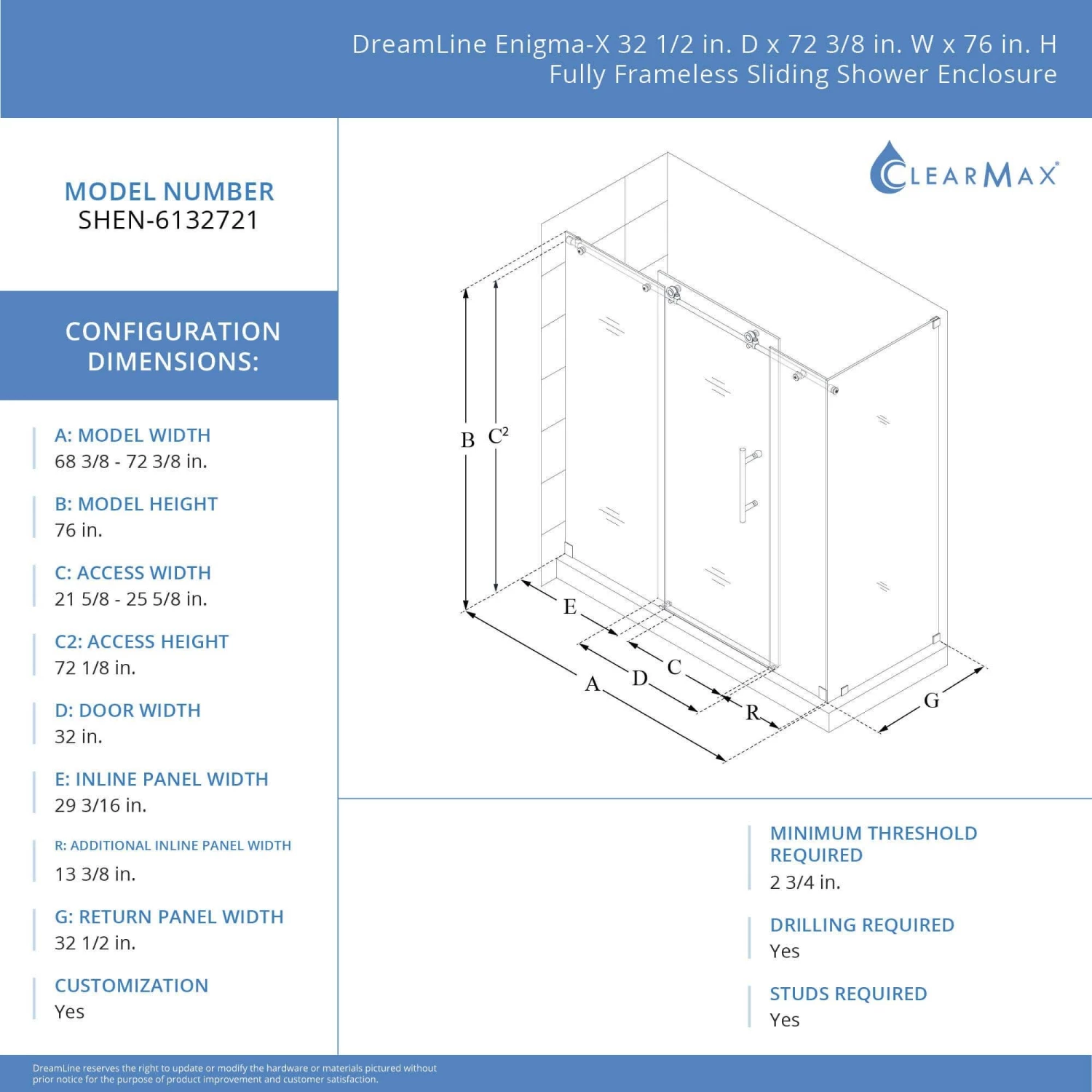 DreamLine Enigma-X 32-1/2 Inch D X 72-3/8 Inch W X 76 Inch H Clear Sliding Shower Enclosure - Image 6