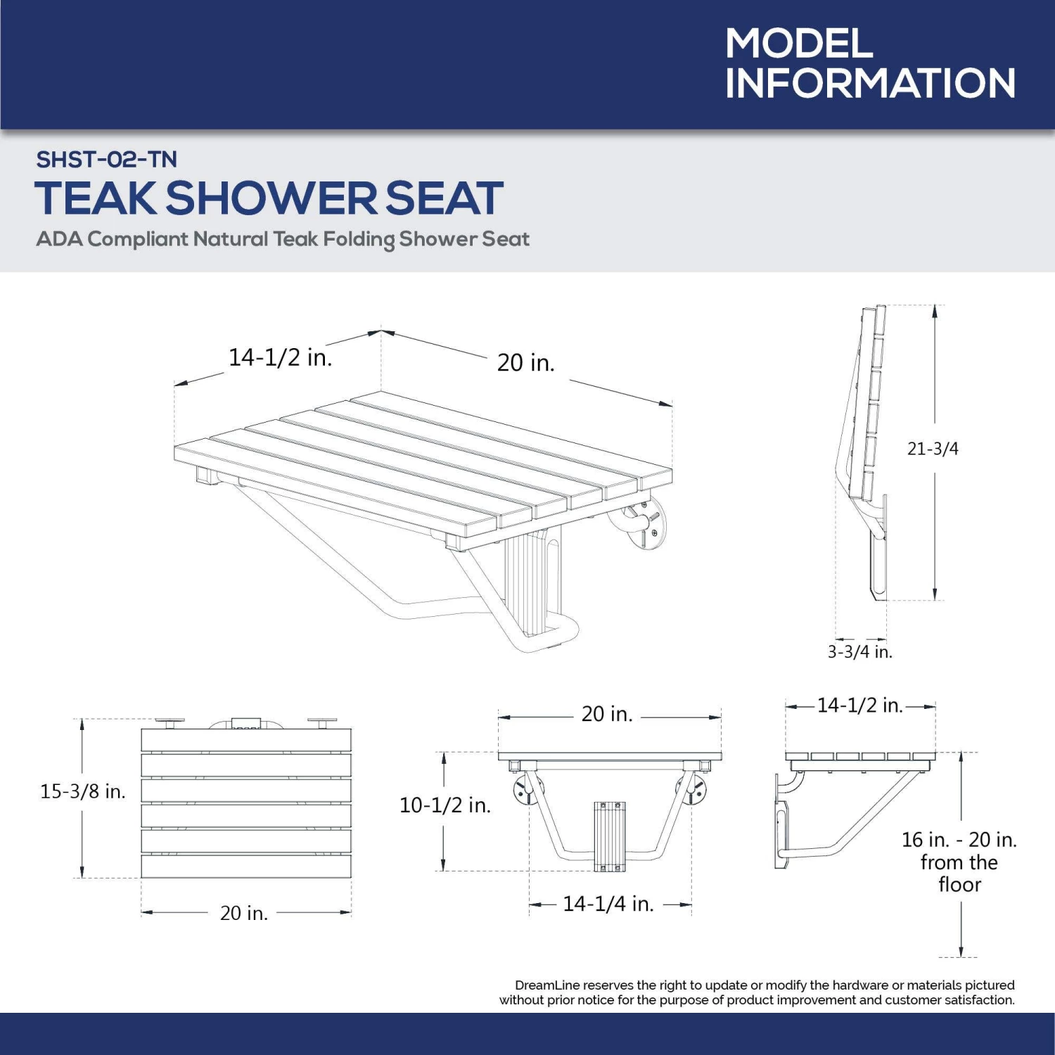 DreamLine Natural Teak Folding Shower Seat. ADA Compliant Shower Seat - Image 3