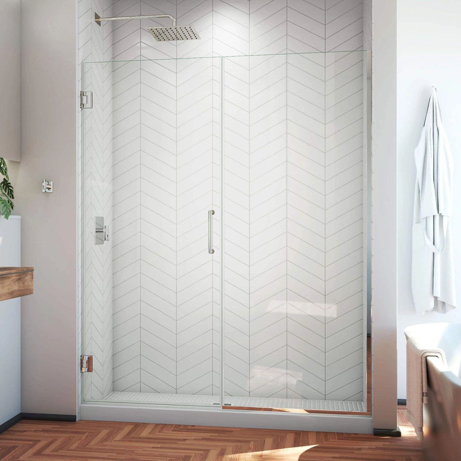 DreamLine Unidoor Plus 60 1/2 - 61 In. W X 72 In. H Frameless Hinged Shower Door, Clear Glass